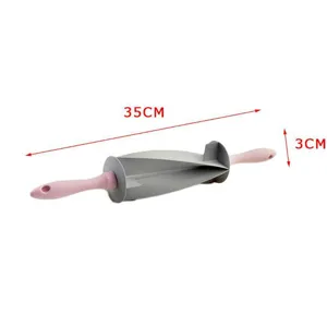 Adjustable croissant cutter rolling pin with pink handles, ideal for DIY baking and pastry making.
