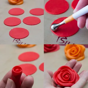 Vista detallada del juego de cortadores de fondant redondos y herramientas para moldear flores.