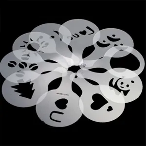 Plastic coffee stencils set, latte art templates for cappuccino and barista decoration.