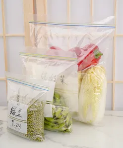 Thickened food storage ziplock bags with write-on label for kitchen refrigerator food organizing.