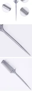 Grey double-sided hair comb brush with fine teeth and tail for styling and dyeing hair.