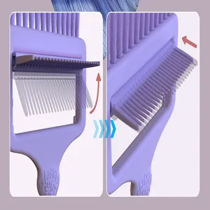 Detailansicht der lila klappbaren 2-in-1 Haarfärbebürste, Salon Haarstyling Werkzeug.