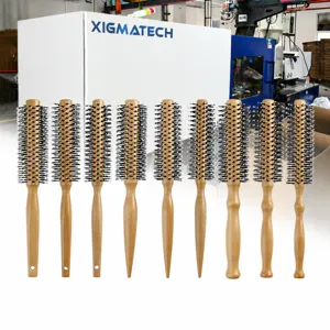 Wooden Round Hair Brush Volumizing Styling Roller Comb With Nylon Bristles For Curly Hair Salon Home Use