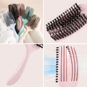 Curved vent hair brush with nylon and bristle teeth, hollow back for fast blow drying.