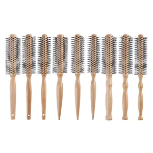 Wooden round hairbrush set for professional hairstyling, volume boosting and curling.