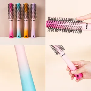 Macaron gradient round hair brush set with soft bristles and ergonomic handle for hair styling care.