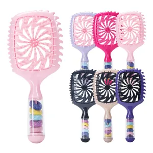 Set di spazzole per capelli cave con elastici colorati nel manico trasparente, rosa.