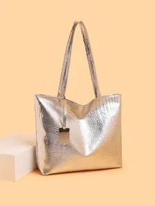 Silberne Metallic Krokodil Muster PU Leder Shopper Tasche, große Kapazität Umhängetasche.