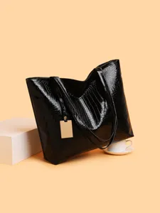 Schicke schwarze Kroko-Optik PU Leder Shopper Tasche, große Kapazität Schultertasche.