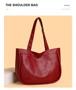 Red leather tote bag for women, large capacity shoulder bag and stylish commuter handbag.