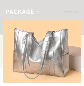 Silver metallic PU tote bag detail, featuring spacious capacity and stylish patchwork texture.