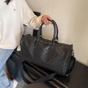 Große Kapazität Reisegepäcktasche Minimalistisch Karomuster PU Leder Handtasche Freizeit Business Fitness Tasche