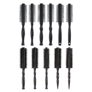 Professional wooden round hair brushes set with boar bristles for salon styling and curling.