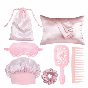 Ensemble de Soins Capillaires en Satin Rose Bonnet de Nuit Taie d'Oreiller Masque Scrunchies Brosse à Cheveux et Peigne