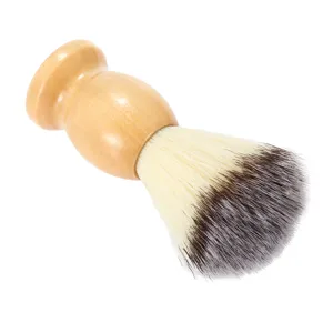 Retro wooden handle shaving brush detail shot, soft bristles for men's daily beard grooming.