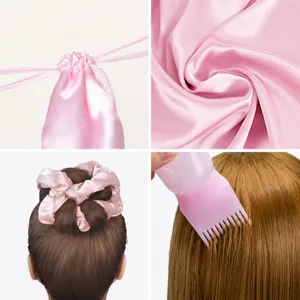 Set de peinado rosa con bolsa de satén, coletero liso y peine para líquidos de uso muy fácil.