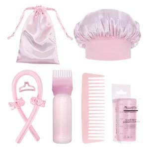 Princess pink hair styling set including heatless curlers, satin bonnet, and combs for hair.