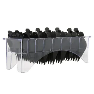 Professional hair clipper guards set with clear organizer stand for haircut styling tools