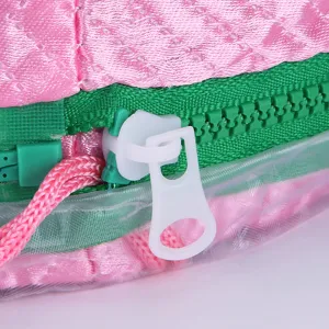Close up of the zipper detail on a pink and green electric hair spa heating cap.