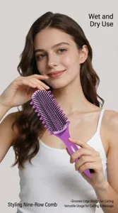 Professional purple hair styling brush with stretchable teeth for wet and dry hair massage.