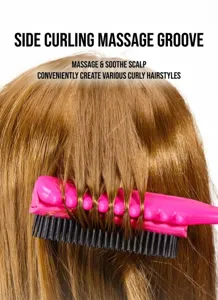 Pink hair styling brush detail showing side massage grooves and black bristles for curls.