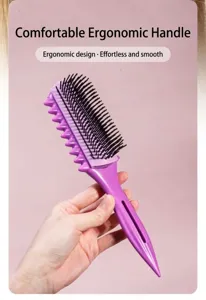 Detachable bouncy styling hair comb featuring purple ergonomic handle and dense black teeth.