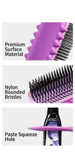 Detailed view of the bouncing hair comb with soft nylon teeth and squeezing handle.