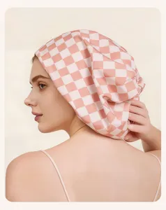 Wasserdichte Duschhaube fuer Damen Satin gefuetterte Haarhaube rosa kariert Schlafhaube
