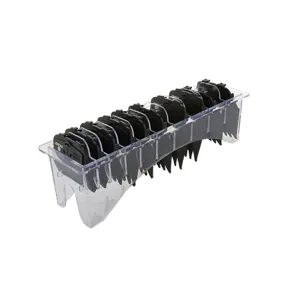Professional hair clipper guards set with clear plastic organizer tray for salon styling.
