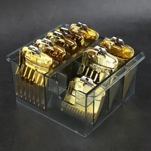 Professional electroplated metal hair clipper guide combs set with clear storage organizer.