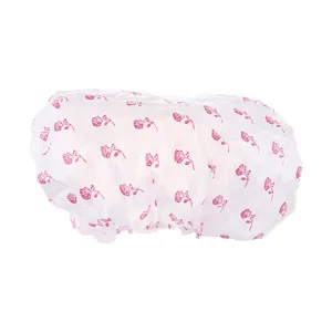 Waterproof plastic shower cap with pink rose pattern for bathing, hair salon and home care use.