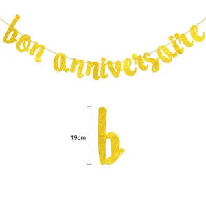 Χρυσό glitter bon anniversaire πανό για διακόσμηση πάρτι γενεθλίων και γιορτή.