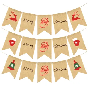 Christmas burlap banner swallowtail flag party decoration reindeer Santa Claus bunting flags