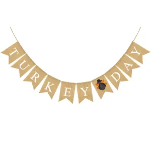 Thanksgiving party retro decorative garland, autumn turkey burlap swallowtail flag detail view.