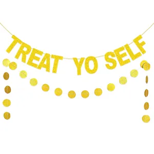 Gold Glitter Treat Yo Self Letter Garland And Round Dots Hanging Bunting Banner For Wedding Family Party Decoration
