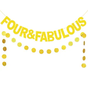 Gold Glitter Four And Fabulous Letter Garland Circle Dots Bunting Banner For Kids Birthday Party Decorations