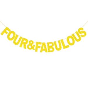 Gold glitter Four and Fabulous banner detail, perfect for 4th birthday party decoration.
