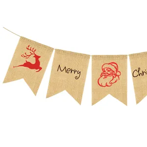 Christmas burlap banner bunting with Santa Claus and reindeer for holiday party decor.