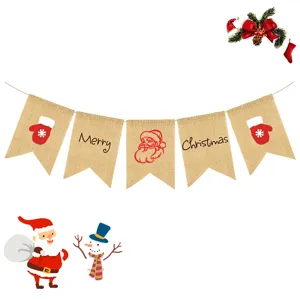 Christmas burlap banner with Merry Christmas text and festive Santa designs for party decor.