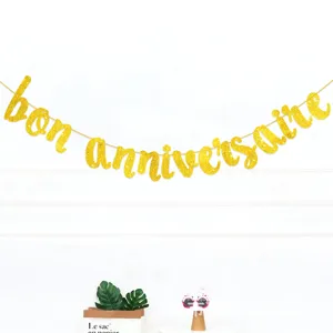 Χρυσό Glitter Bon Anniversaire Banner με Γράμματα Χρόνια Поλλά Пάρτι Кρεμαστές Дιακοσμήσεις Гιρλάντα Пρομήθειες Eορτασμού