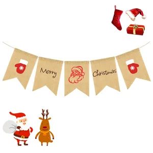 Christmas burlap banner detail showing festive swallowtail flags with merry christmas print.