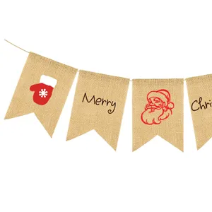 Close-up detail of Christmas burlap swallowtail banner flag with Santa and letter prints.