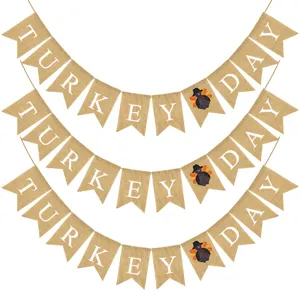 Thanksgiving Day burlap banner turkey swallowtail flag rustic party hanging decoration 3pcs