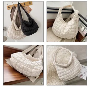Close-up details of the quilted cloud hobo tote bag shown in cozy lifestyle settings.