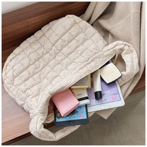 Beige quilted puffer shoulder bag, large capacity soft down tote bag for women daily casual use.