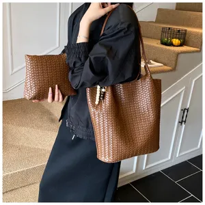 Woven brown tote bag for women, stylish PU leather shoulder bag with matching clutch purse for daily.