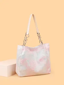 Korean Fashion Lace Floral Tote Bag For Women Elegant Chain Shoulder Bag Large Capacity Urban Minimalist Casual Daily Work Bag