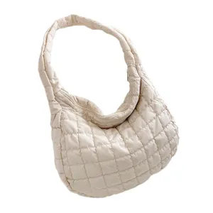 Beige quilted cloud shoulder bag, soft puffer hobo tote bag for women, stylish daily use.
