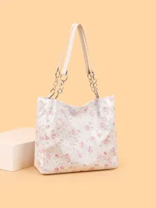 Fashion floral print tote bag with stylish chain straps, large capacity women shoulder bag.