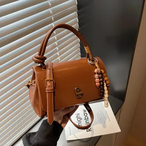 Stylish retro brown women handbag PU leather shoulder crossbody bag with elegant handle and beads
